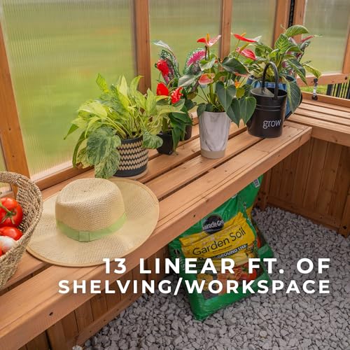 Backyard Discovery Willow 9' x 6' Cedar Wood and Polycarbonate Walk-in Greenhouse Kit with Exhaust Fan, Windows, Hose Hook-Ups, PowerPort, Staging Shelves for Year-Round Outdoor Gardening - image 8
