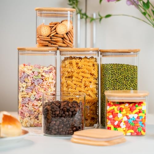 Image of MARTVIA Glass Food Storage Jars with Bamboo Lids 1200ml Set of 2, Wide Mouth Lid Jar for Home Kitchen,Flour, Sugar, Coffee, Pasta, Oats, Grains, Cookies, Snacks (Sqaure 1200 ML Jar, SET OF 2)