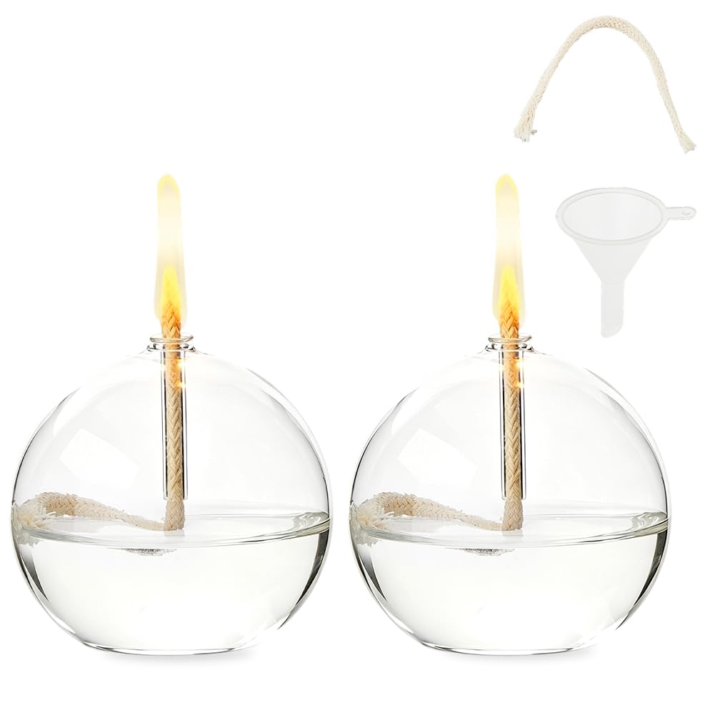 SUPERFINDINGS 2 Sets Clear Glass Oil Lamp Round Refillable Liquid Petite Oil lamp 8 x 7.4 cm Burning with Wick and Holder Included for Indoor Lighting and Outdoor Events
