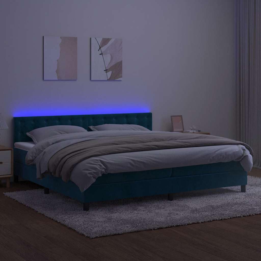 aksamit z regulowanym zagłówkiem i LED kontynentalne niebieski 200x200 cm | Łóżko kontynentalne z materacem i LED, niebieski aksamit 200x200cm z zagłówkiem