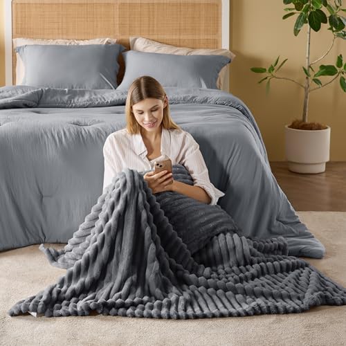 Image of Bedsure California King Comforter Set 5 Pieces - Bed in a Bag with Throw Blanket and Decorative Pillow, Lightweiget Bedding Comforter Sets, All Season Boho Bedding Sets, Grey