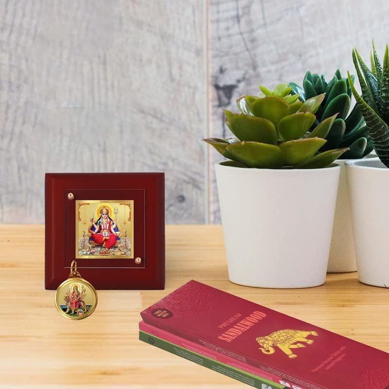 Santoshi Mata MDF 1A Gold Plated Photo Frame, 24K Double sided Gold Plated Pendant 18 MM and 3 Pcs Incense Sticks For Navratri Festival Prayer & Auspicious Occasion (Combo Pack)