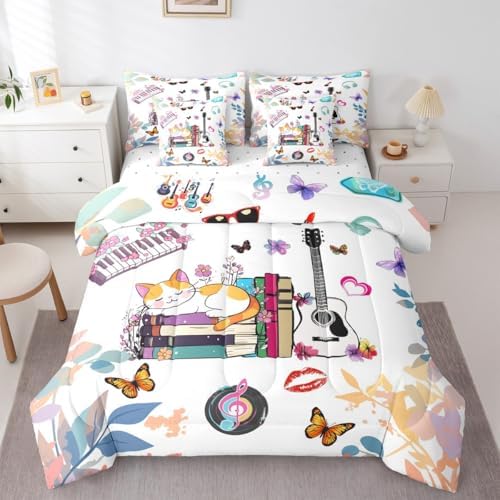 Erosebridal 7Pcs Music Book Theme Bedding Sets Queen Butterfly Cat Comforter Set