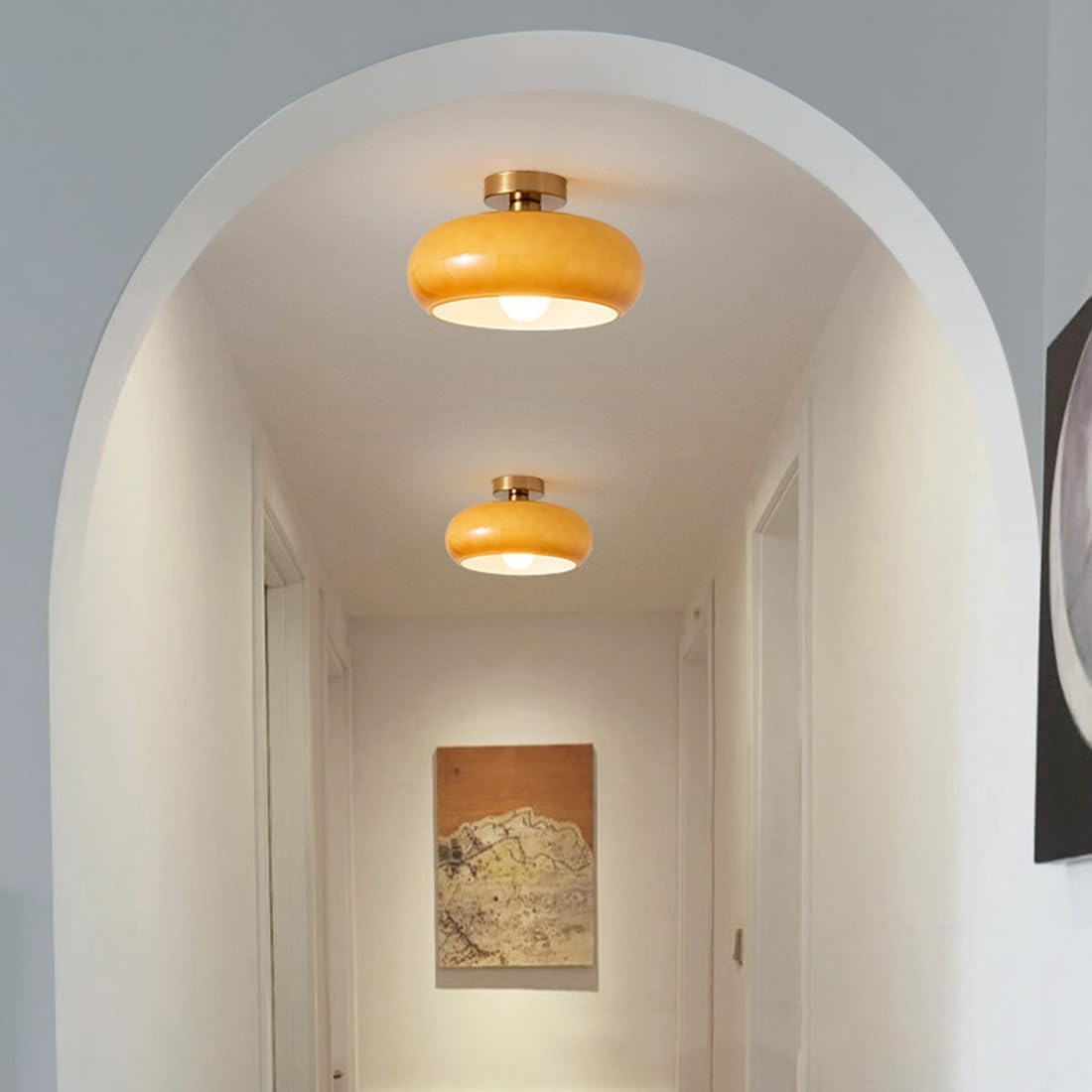 Orange Ceiling Lamp Milk Glass Flush Mount Ceiling Light Fixture Brushed Brass with Round Dome Glass Shade Mid Century Modern Ceiling Light for Bedroom Entryway Hallway Porch Foyer