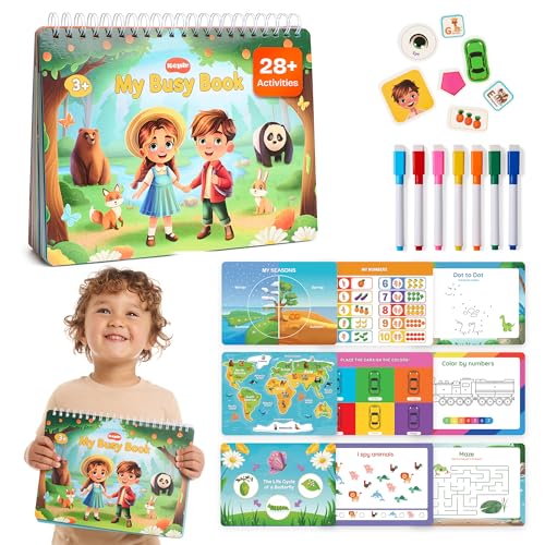 Toddler Busy Book – Montessori Activity Book for 3+ Year Olds – 14 Interactive Learning Pages with Matching, Tracing & Puzzles – Preschool Educational Toy for Fine Motor Skills & Early Development