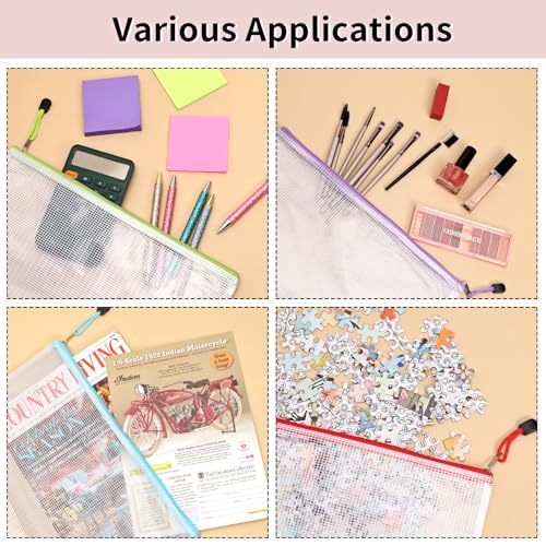 Image of EOOUT 72pcs Mesh Zipper Pouch, A4 Size, 12 Colors Zipper Bags for Organizing Storage, Waterproof Puzzle Bag, Zipper File Bags for Board Games and School Office Supplies