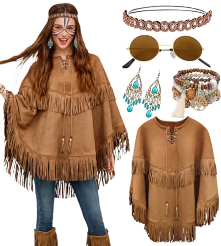 kasahara Poncho Indien Femme avec Franges et Accessoires – Cape Hippie Western avec Bijoux de Cheveux, Déguisement Cowgirl pour Carnaval, Halloween, Festival et Soirée à Thème (Brown, 84cm-Lang)