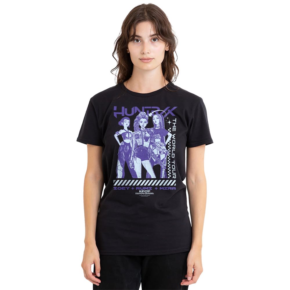 Kpop Demon Hunters Huntrix World Tour Posterized Ladies T Shirt, Black, XX-Large