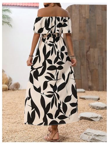 MakeMeChic Women's Floral Print Boho Dress Off Shoulder Shirred Split Thigh Midi Long Dresses2