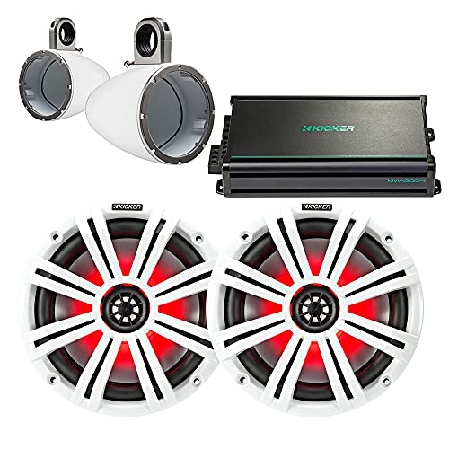 KICKER 8 White Wake Tower LED Marine Speakers 1-Pair with 300 Watt Marine Amplifier