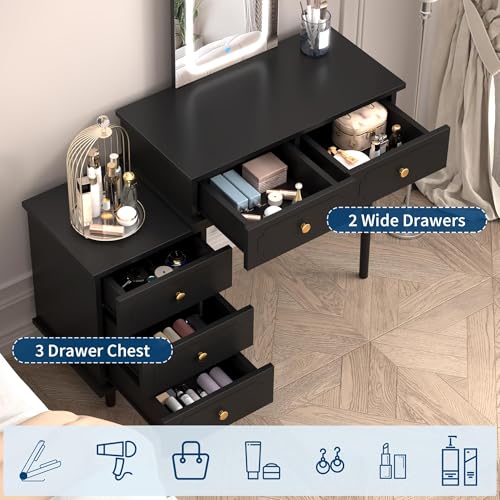 Vanity Desk with Lights and Mirror, Modern Makeup Dressing Table with Drawers and Storage, Wooden Large Vanity Set, Compact Desk for Small Spaces, Vanity for Bedroom and Teen Girls, Black by ExploreHorizon - Image 3