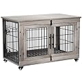 Buluri Dog Crate Furniture, Double Doors Wooden Dog Cage with Cushion & Wheels, Dog Kennel Indoor End Table for Large Dogs (Grey, 97.8 cm L x 64 cm W x 68 cm H)