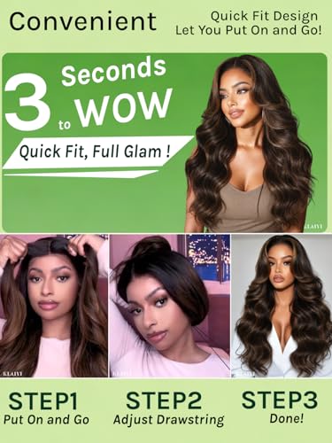 Image of KLAIYI Bye Bye Slip Golden Brown Highlight Body Wave Glueless Precut 7x5 Lace Front Wigs Human Hair Drawstring Pre Plucked Bleached Knots Ombre 3S Ready to Wear and Go Wig with Dark Roots 180% 18Inch