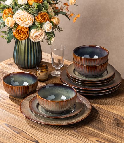 Image of TheTerra Stoneware Dinnerware Sets for 4, 12 Pieces Ceramic Plates and Bowls Sets, Scratch Resistant Embossed Dish Set, Oven, Microwave & Dishwasher Safe, Coca Mocha