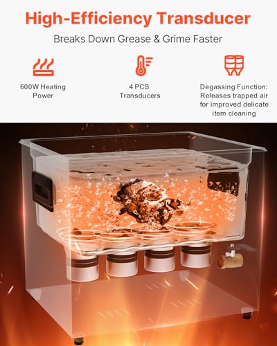 Image of VEVOR Ultrasonic Cleaner, 10L, 600W Heating Power Ultra Sonic Cleaning Machine with Gentle Mode & Upgraded Degassing, 4 PCS Transducers, 40kHz Industrial Ultrasound Cleaner for Jewelry, Beakers, Tools