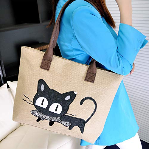 MINGZE Frauen Schulter Beutel, Segeltuch Tasche Maedchen Niedliche Katze fressen Fische Einkaufstaschen Handtaschen Strand Taschen Handtaschen (Schwarz grau)