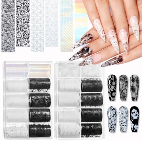 Modelones 20 Rolls Lace Nail Foil Transfer Aurora Flower Nail Art Stickers