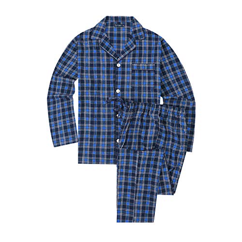 Noble Mount Mens Pajamas Set - 100% Cotton Flannel Pajamas for Men - Plaid Navy-Blue-White - Large