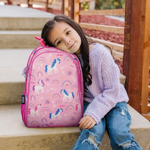 Image of Wildkin 15 Inch Backpack for Kids, Rainbow Unicorns | Ages 5-10, padded straps, side water bottle pocket - coordinates with matching Wildkin lunch boxes