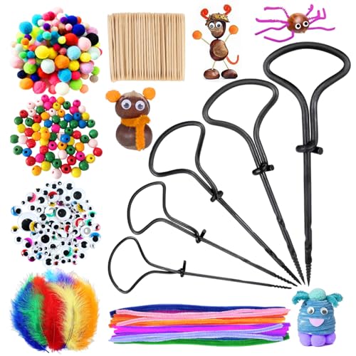 Kastanien Bastelset Kinder 405 TLG Bastelset Herbst Kinder 1 5-5 mm Kastanienbohrer Kinders Set mit Zahnstocher Federn Pompons Plüschstreifen Lebende Augen Kastanien Basteln Werkzeug Für kinder(F)