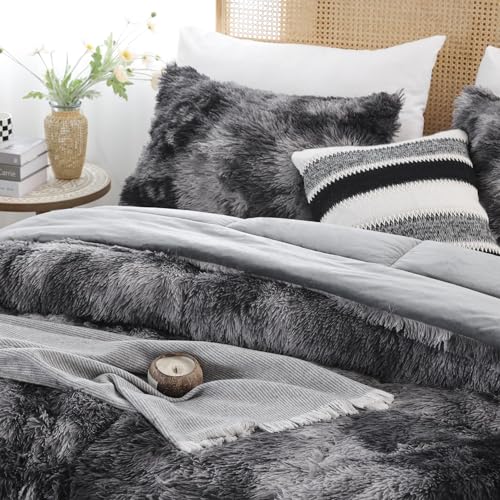 Smoofy Fluffy Twin Comforter Set, Faux Fur Comforter Set White, Luxury Fuzzy Twin Bedding Set Pink, Soft Shaggy Bed Set for All Season, 2 Pieces - 1 Comforter & 1 Pillowcase, Tie-Dye Grey