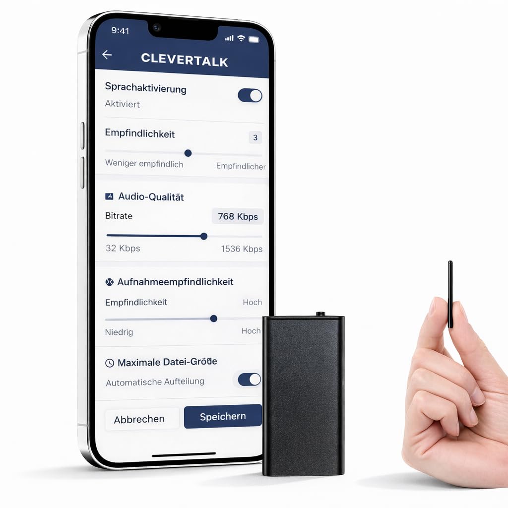 CleverTalk Q1 KI-Sprachrekorder | Sprachaktiviert | Mobile App, Mac, Windows und Web | Europäische Cloud DSGVO | 64GB | HD-Audio 1536kbps | USB-C