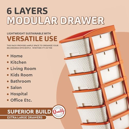 Image of HORPIN 6-Layer Plastic Drawer Storage Organiser | Modular Kitchen & Toy Organizer For Kids Room | Home, Office, Parlor, School, Doctors, Home And Kids | Brown & White (6XL Set)