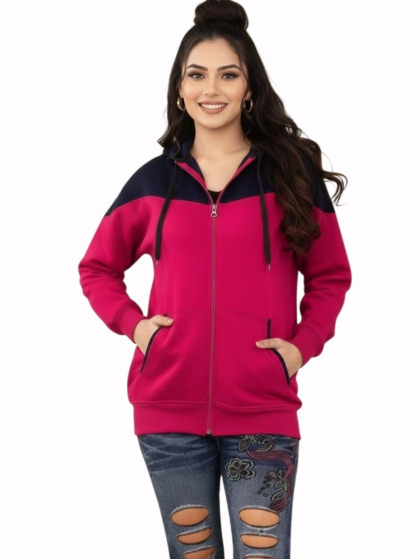 SHAARAV Women's Zip-up Hoodie Jacket, Rani Pink & Navy Blue, Cotton Fleece, Colour Block, Full-Length Zipper, Regular Fit-picture-14