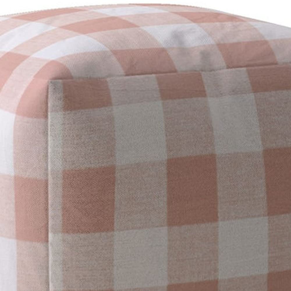 HomeRoots 17" Pink and White Cotton Gingham Pouf Ottoman