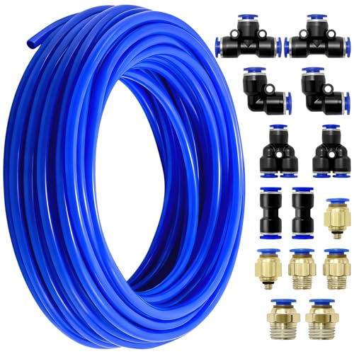 Leyrens Tuyau d'air comprimé pour compresseur, 15m tuyau pneumatique polyuréthane PU kit, avec 14 connecteur pneumatique, diamètre extérieur 6mm x...