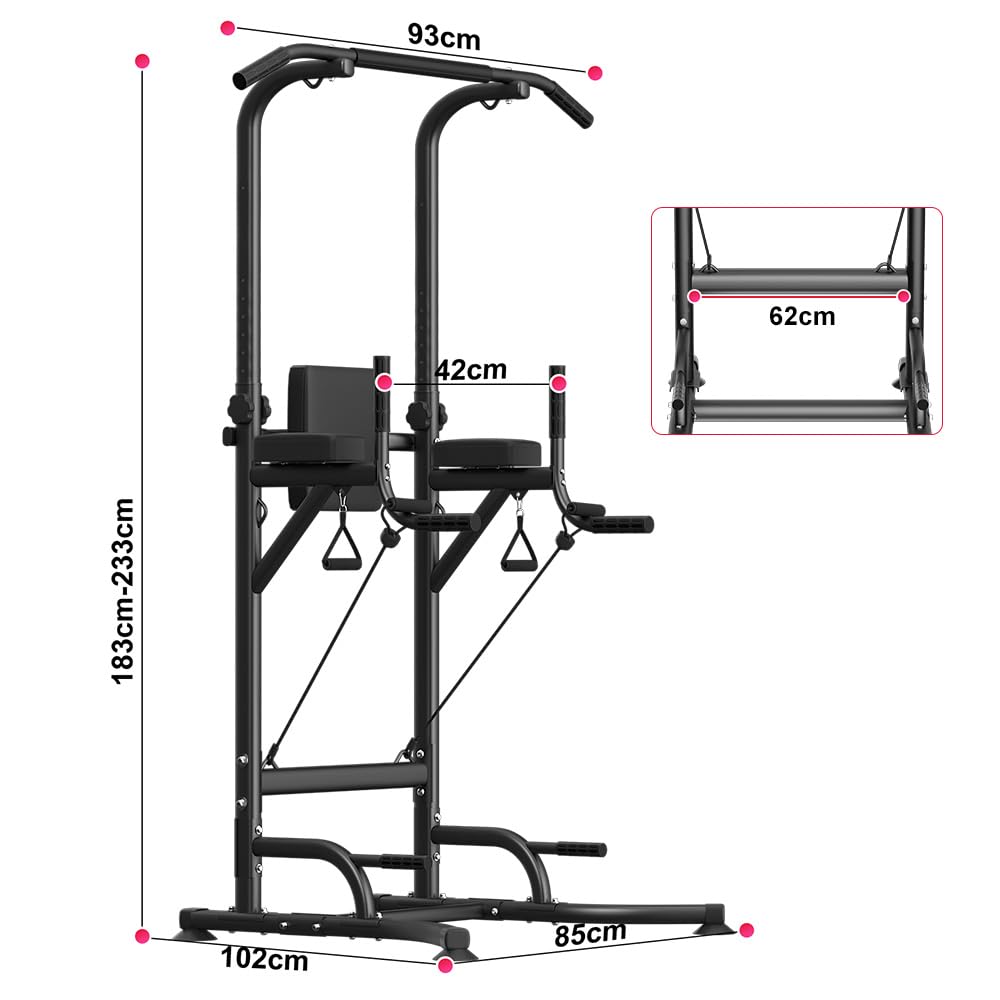 Torre da Allenamento con Barra per Trazioni e Stazione Dip per Palestra Domestica, Altezza Regolabile, Portata 150 KG con Ventole Antiscivolo, Base in Acciaio a Forma di H