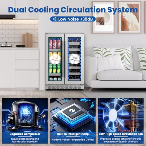 Image of 24 Inch Wine and Beverage Refrigerator, Dual Zone Wine Cooler Refrigerator- 20 Bottles & 88 Cans with Stainless Steel Racks, Under Counter /Freestanding Beverage Fridge for Drink /Beer /Wine