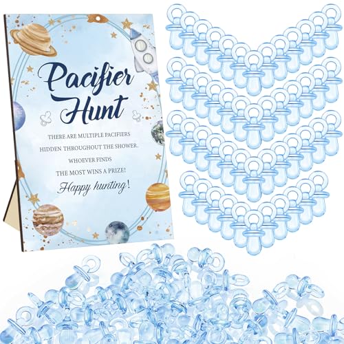 Image of Thyle 51 Pcs Outer Space Baby Shower Games Planets Pacifier Hunt Include Galaxy Solar System Hunt Sign and 50 Acrylic Pacifiers for Astronaut Baby Shower Game over The Moon Gender Reveal Party Decor
