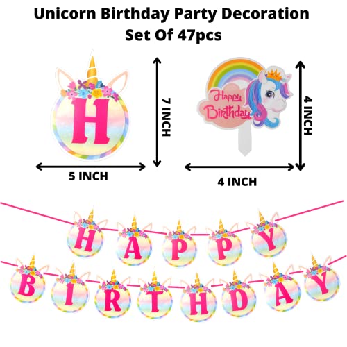Image of Party Decorz Unicorn Theme Birthday Decoration Set Of 47pcs(1pcs Happy Birthday Banner +12pcs Unicorn Paper Cutout +2pcs Props +1pcs Cake Topper+1pcs Blue Curtain +30pcs Balloons) For Rainbow Theme