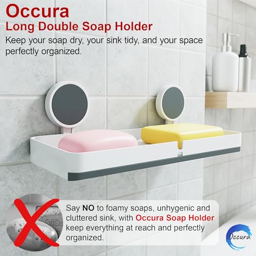Image of Soap Holder Pack of 2 | Large Adhesive Dish 4 Soaps | Drill free wall mounted bathroom organizer. Stickable washbasin plastic stand set for shared family washrooms. Wall safe.