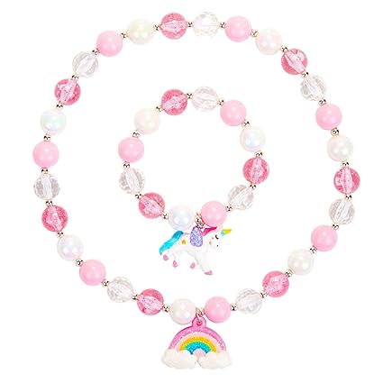 MAYCREATE 2 piece Girls Unicorn Beads Bracelet Necklaces Rainbow Set(1 Necklace & 1 Bracelet): Unicorn Jewellery Birthday Gift for Girls Birthday