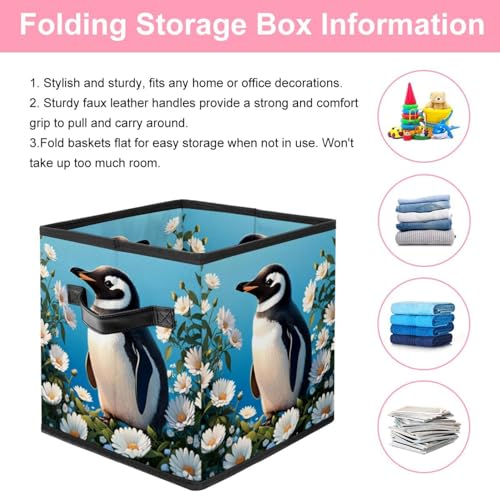Boîte de rangement pliable durable pingouin mignon fleur en tissu - 4