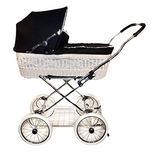 EICHHORN Weidenkorb Kinderwagen, Korb Weiß, Stoff Schwarz - große Liegefläche, weich gefedert, inklusive Matratze und Regenschutzbezug