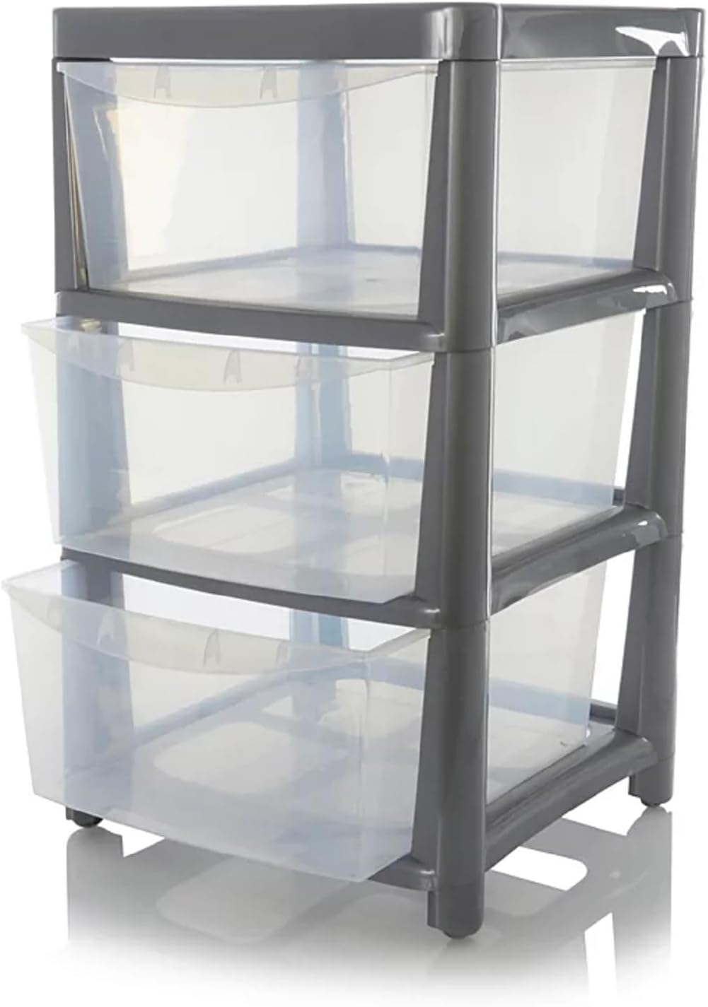 KYYZ - Large Modular Drawer Tower Unit - Clear Plastic Storage Cabinets for Home, Office, Garage & Crafts - Stackable Transparent Drawer Organiser - Strong Frame Plastic Storage (Silver/Clear, 3 Tier)
