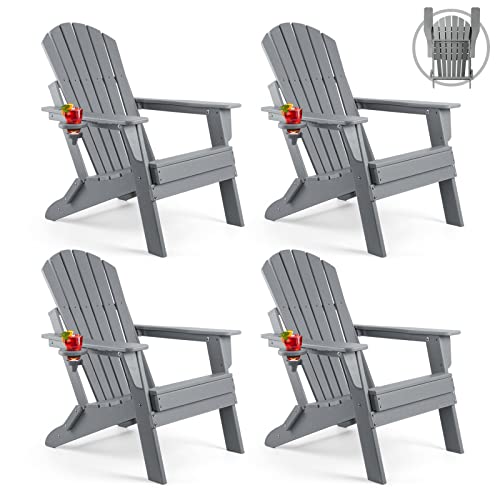 FUNBERRY Folding Adirondack Chair Set of 4, All Weather HDPE Fire Pit Chairs with Cup Holder for Outdoor