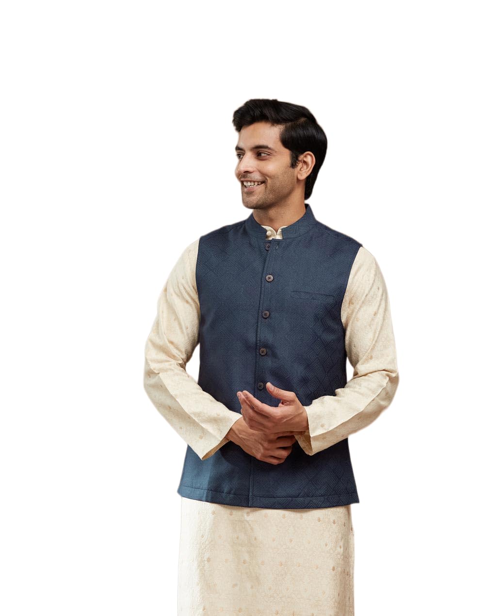 Men Dark Blue Geometric Viscose Silk Nehru Jacket-image-26