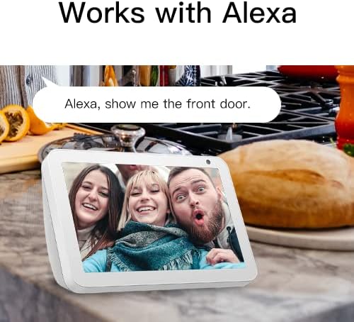 An Amazon Echo Show displaying a live feed from the camera, with a speech bubble saying 'Alexa, show me the front door.'.