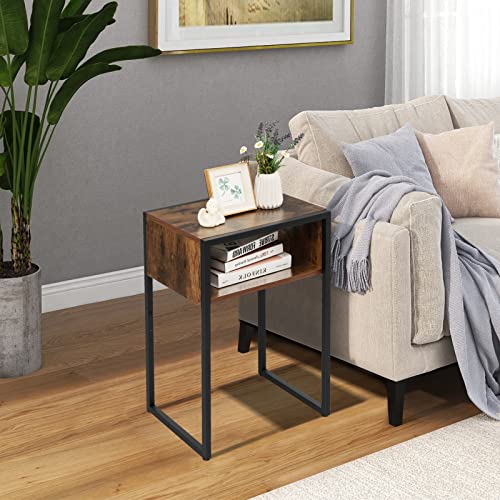 Giantex Industrial Side Table, Wood End Table With Open Shelf & Metal Frame, Bedside Table For Living Room Bedroom Dorm, Rustic Brown #TOP6