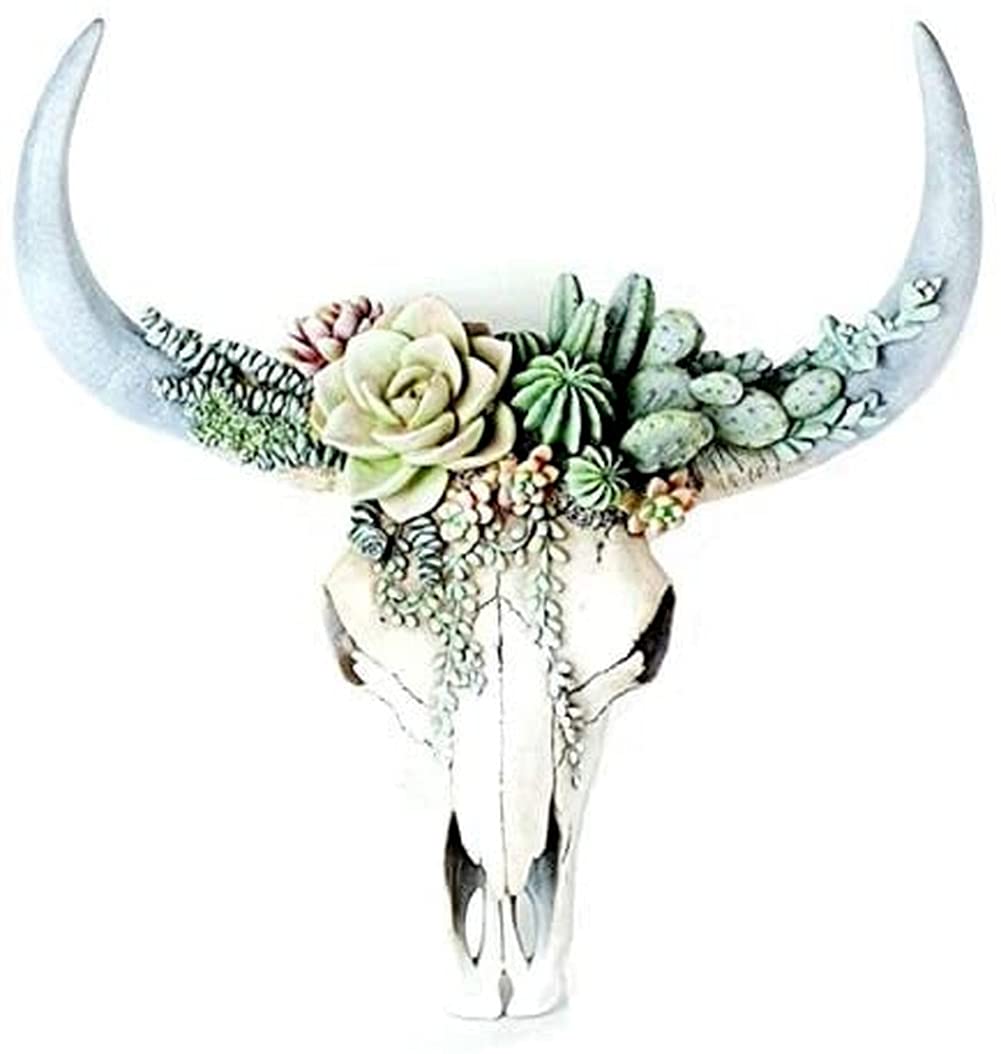 Ausuky Green Wall Mount Animal Longhorn Cow Skull Ornament Stag Resin Head Hanging Sculpture Decor (,Small)