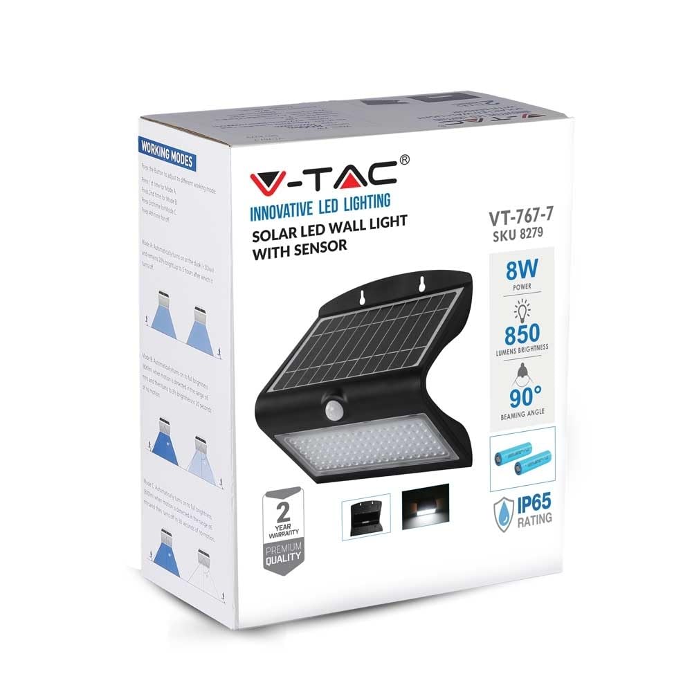 V-TAC Lampe Murale LED 7 W, avec Panneau Solaire et capteur, Noire