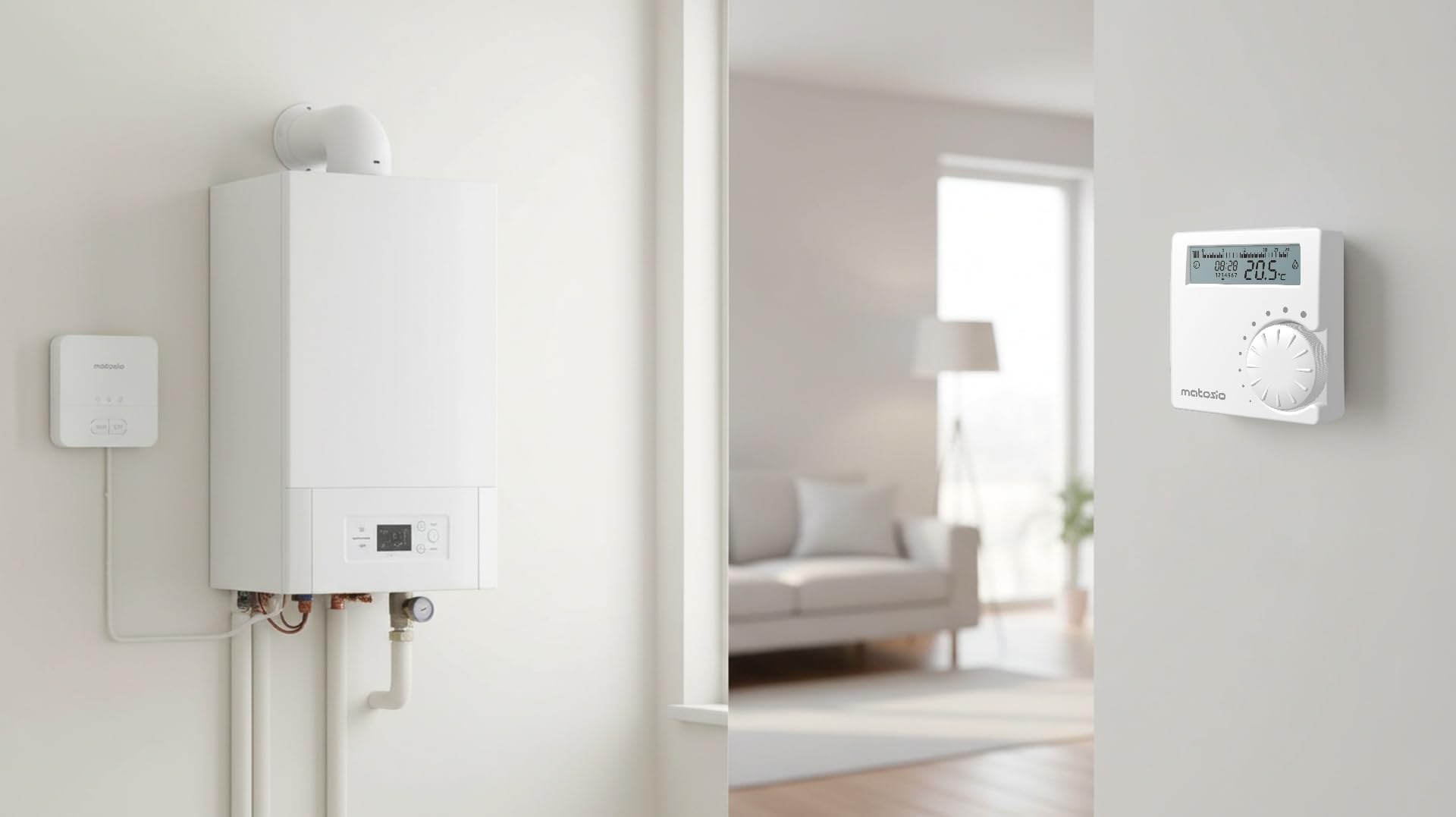 TH611RT Funk-Raumthermostat-Set für Heizkessel – Programmierbar, mit Empfänger, digitales Kesselthermostat (OpenTherm oder potenzialfreier Kontakt), batteriebetrieben, Wandmontage, Weiß