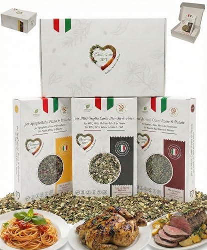 Condiviso GIFT - Spezie Cucina Assortite Gourmet 100% Italiane Naturali - Set Regalo Donna & Uomo Originale Confezione - Collezione 3 Selezioni per Carne, Pesce, Pizza & Verdure