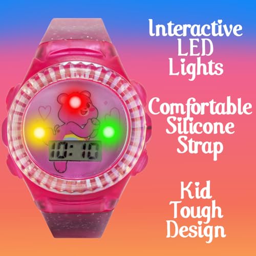 Care Bears Kids LCD Watch with Glitter Jelly Strap, Flashing Iridescent Bezel, Fun Digital Display, Ideal for Learning Time, Adjustable Strap, Pink Sparkle Design4
