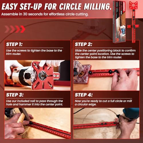 Image of Router Circle Cutting Jig for DeWalt /Bosch /Milwaukee Compact Routers - 4 in 1 Adjustable Router Jig, Aluminum Alloy Circle Cutting Guide for Trim Routers, 5.5-30 inch for Circles, Arcs & Grooves