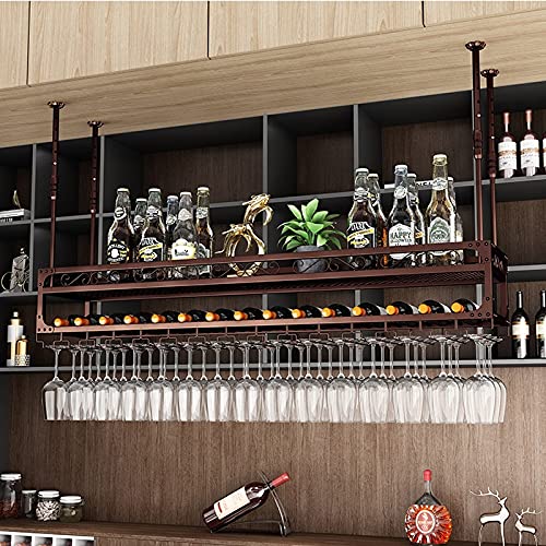 LUCEAE Estante de vino para colgar en el techo, soporte resistente para botellas de vino, decoración de loft, estante para copas para barra/marrón/100 x 30 cm